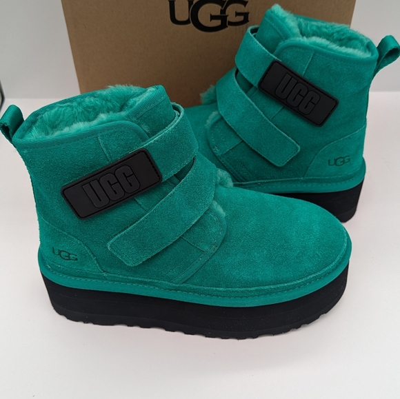 UGG Neumel Platform EmeraldGreen Suede Fur Shoes Womens Size 10.0 - Picture 1 of 12